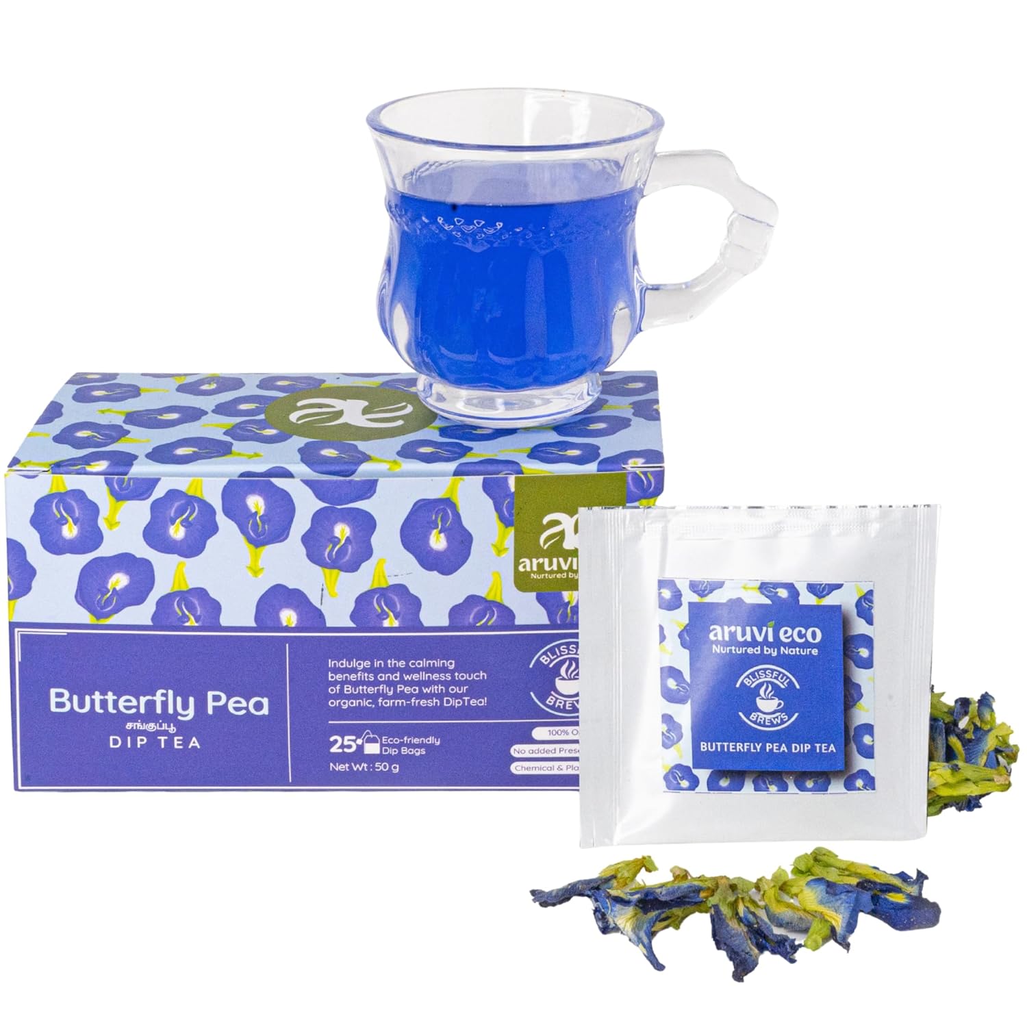 Aruvi Eco Butterfly Pea Tea Dip Bags | Rich in Antioxidants, Supports Relaxation & Hydration (Pack of 25)-50g
