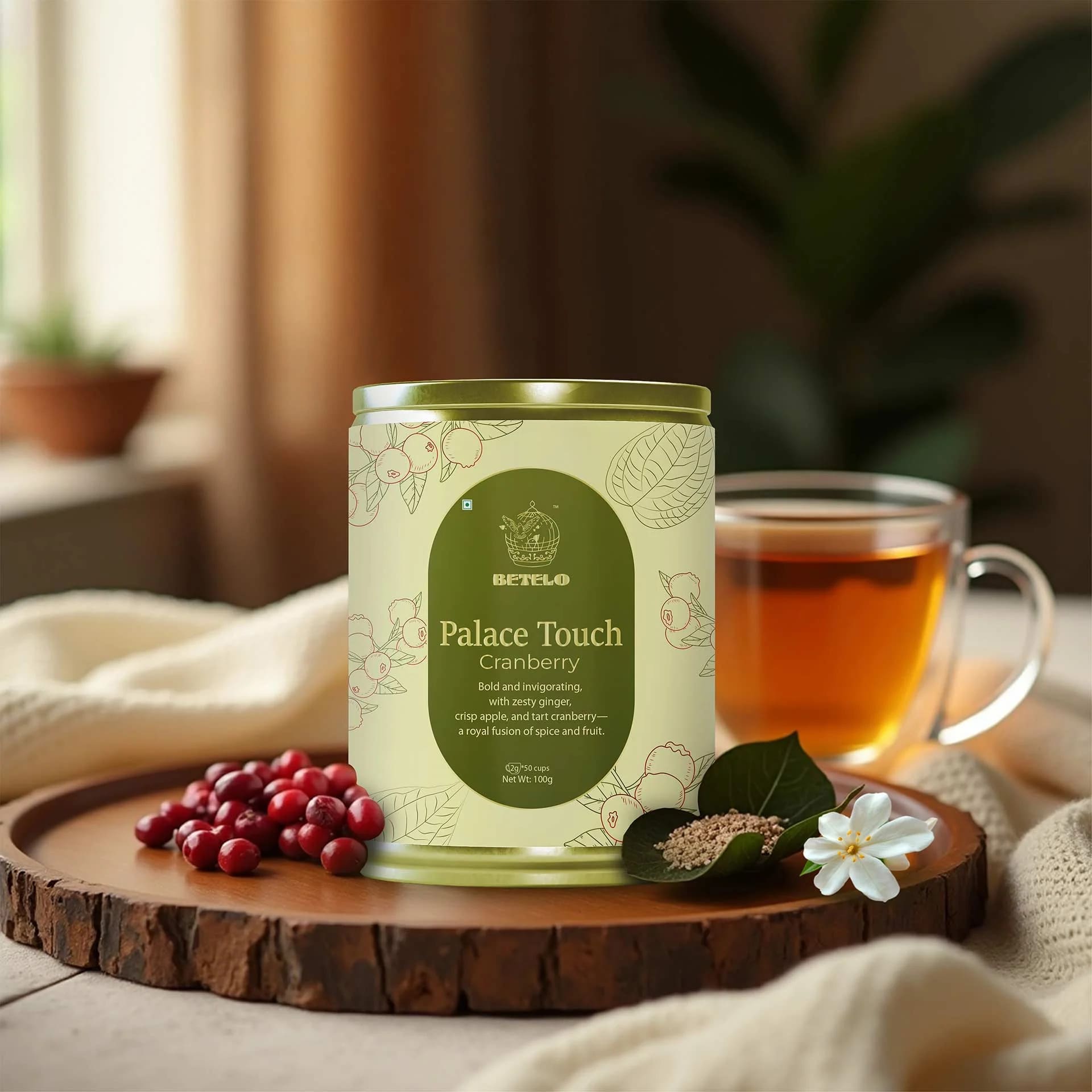 Betelo Palace Touch Cranberry Herbal Tea | Betel Leaf Infusion with Ginger, Apple & Cranberry | (50bags x 2gms each)